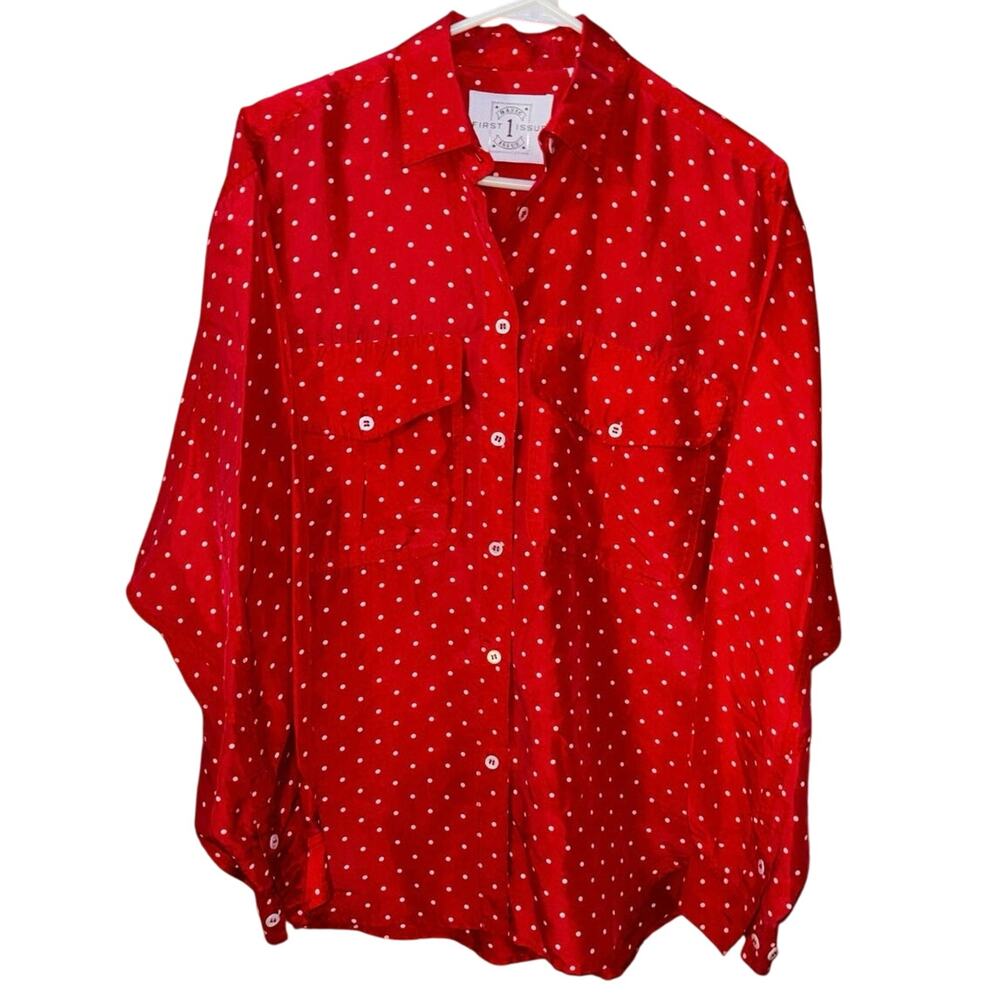 Vintage First Issue women’s 100% silk button blouse red white polka dots small
